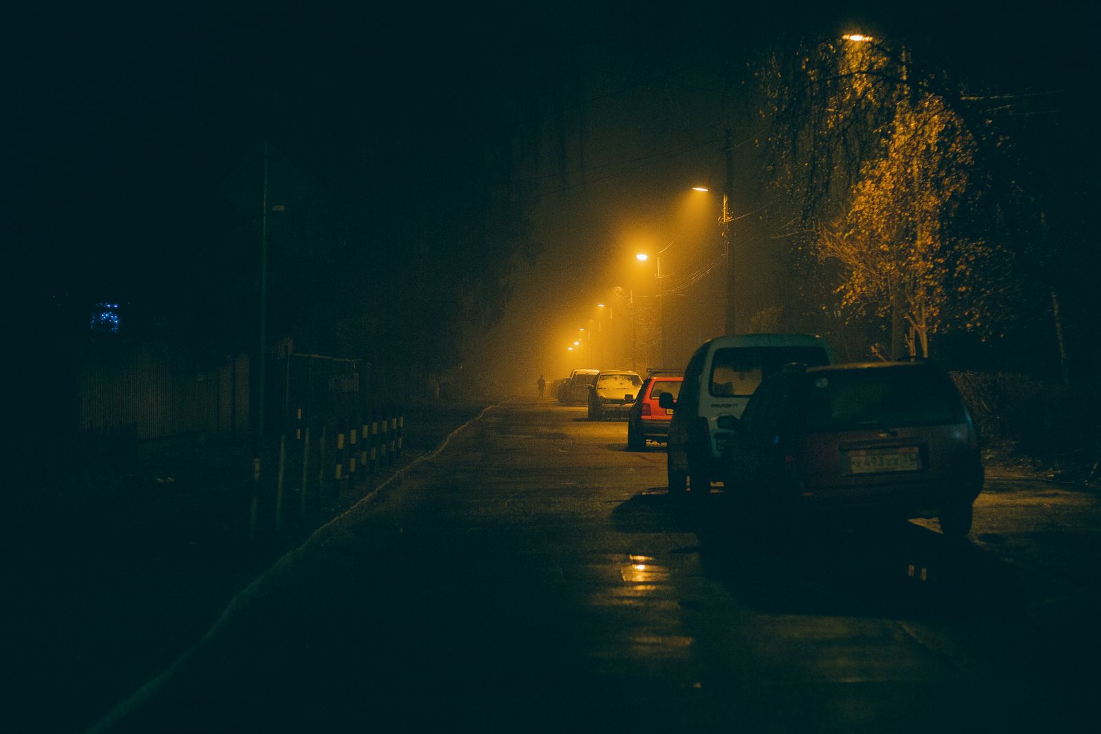 Empty nighttime street in the rain